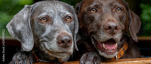 Two dogs, one grey and one brown, look into the camera with kind eyes, providing a warm and heartfelt backdrop for stories about the loyalty of pets and life in animal shelters.