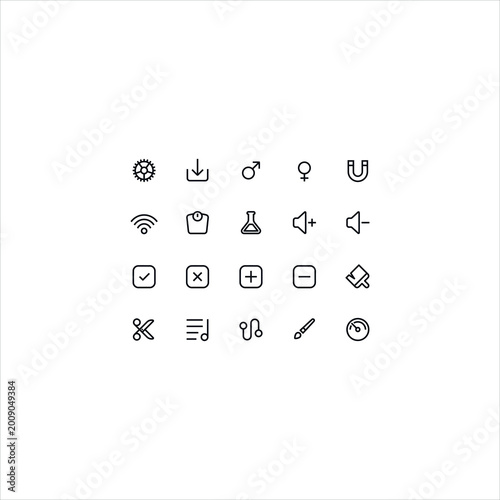 Vector illustration set of an eye exam chart with reflection for web design including business technology icons and social media elements