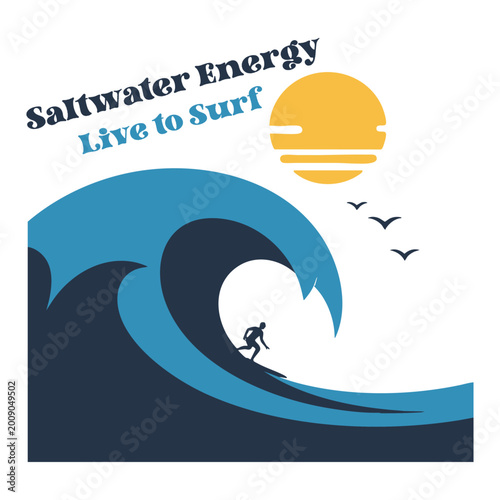 Photography Minimal ocean wave surfing scene with surfer clean flat vector illustration
