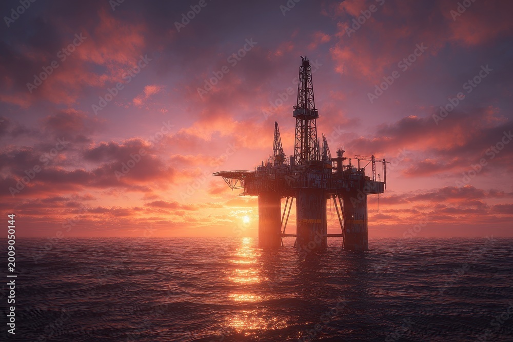 Obraz premium Silhouette of an offshore drilling platform against a fiery sunset horizon