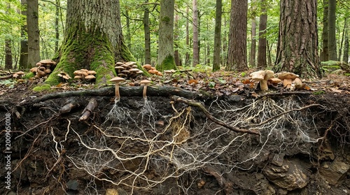 Intricate mycorrhizal network intertwines tree roots and fungal mycelium, a vital symbiotic relationship supporting forest ecosystem, nature's hidden connection