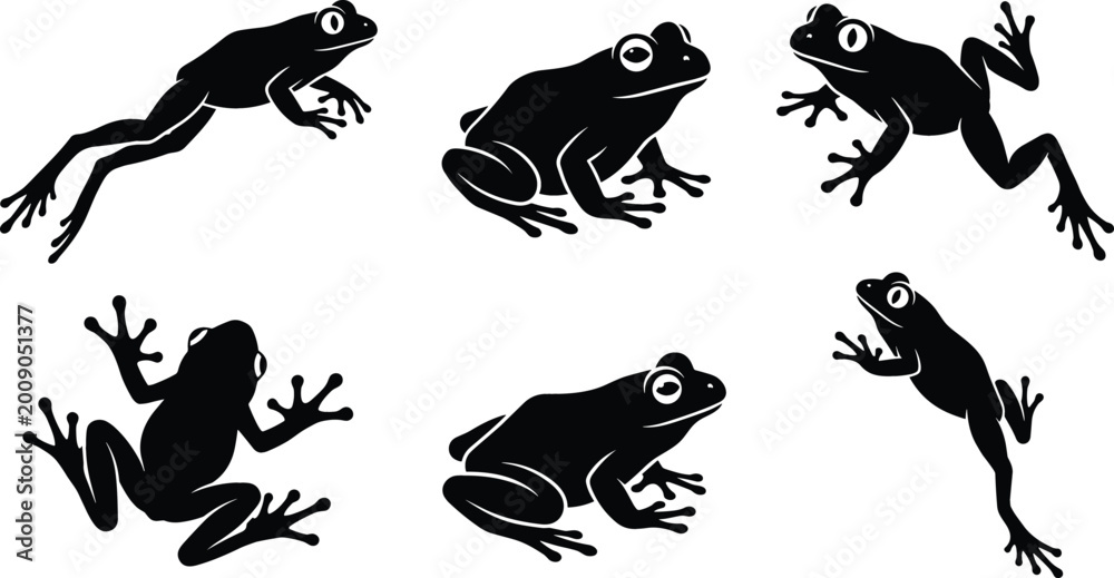 Obraz premium Black Silhouette Set of Frogs and Toads in Various Poses Including Jumping Climbing and Sitting for Nature Wildlife and Pond Environment Graphic Designs