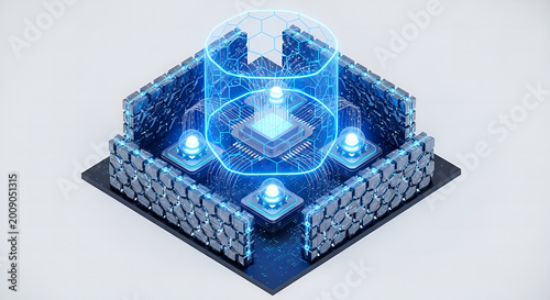 Isometric view of a futuristic blue glowing Technology cube with a transparent dome on a square base in a Technology environment