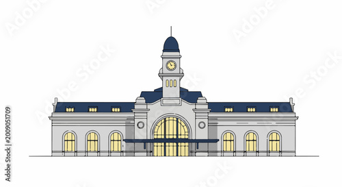 Ornate building with arched windows and a central clock tower