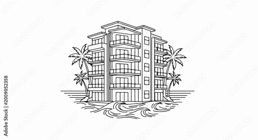 Fototapeta premium Minimalist line art of a multi-story building with balconies and palm trees by the sea