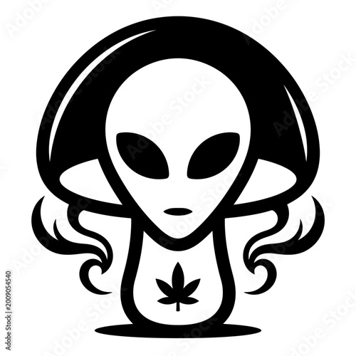 Bild auf Leinwand Alien mushroom mascot with cannabis leaf logo