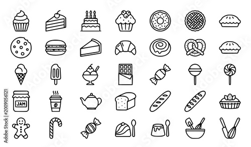 Fotografie Dessert and bakery outline icon set with cake ice cream candy and editable strok