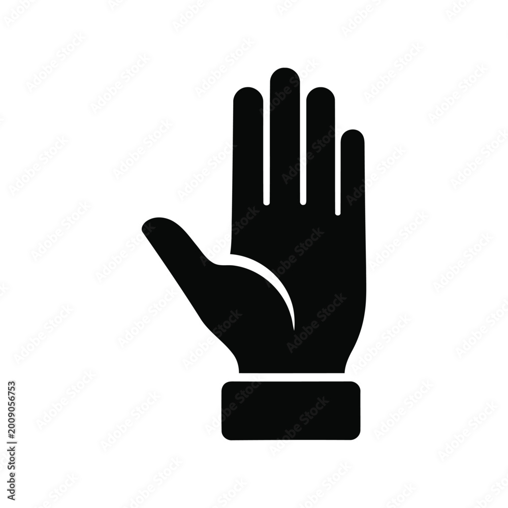 Obraz premium Black hand icon showing a stop gesture or high five sign isolated on transparent background