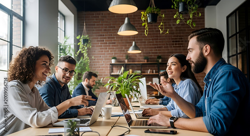 Diverse professionals engaging in collaborative discussion during a productive meeting in a contemporary open-plan office setting, fostering innovation and teamwork