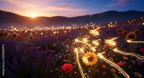 Magical Sunflower Field at Sunset with Glowing Trails.