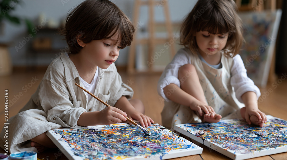 Fototapeta premium A minimalist studio space holds two children painting large canvases side by side, one painting with brushes, one using only their feet, both totally absorbed, perfect for creative arts education, s