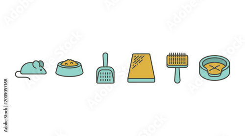 Set of colorful pet care and animal accessories icons.