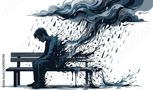 Artistic conceptual vector of depressed man sitting on park bench dissolving into dark rain clouds and heavy storm.