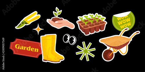 Garden tools and farming activity sticker set with wheelbarrow, gloves and seedlings, hand drawn agriculture elements for seasonal gardening, packaging and rustic design