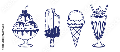 Blue hand drawn vector illustration set of various ice cream icons like cones popsicles milkshakes and sundaes for summer treats.