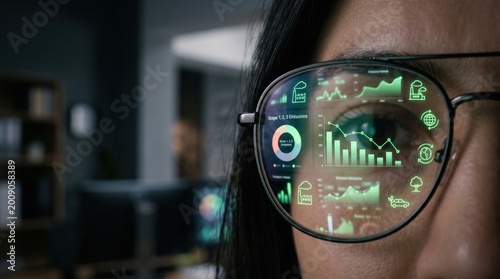 Carbon footprint analytics reflected in glasses with AI dashboard showing ESG data, emissions tracking and sustainability insights