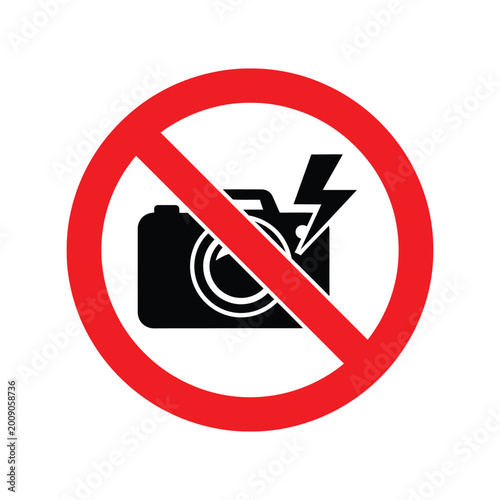 Foto No photography or camera flash allowed sign icon with a red circle and a black c