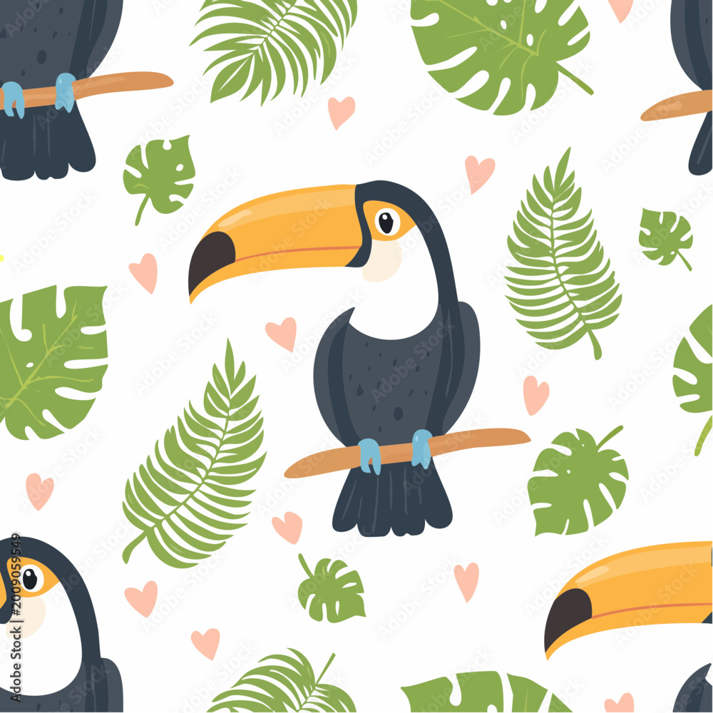 Fototapeta premium Retro toucan bird summer seamless pattern. Hand drawn style tropical background illustration. Vintage exotic nature textile print, jungle animal texture. 