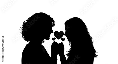 Silhouette of Two Women Holding Hands with Heart Symbols
