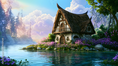 Fantasy village cottage on tiny lake island with flowers and cheerful animated charm