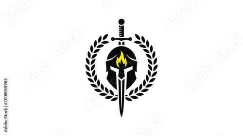 Photos Greek warrior helmet with sword and laurel wreath silhouette, vector illustration for ancient history, mythology and heroic emblem concepts