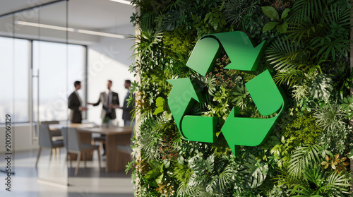 Green recycling symbol mounted on a lush vertical garden wall inside a bright corporate office space