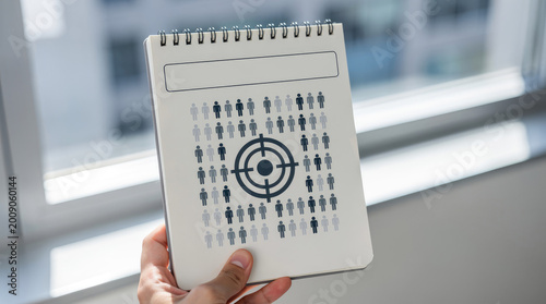 Hand holding a spiral notebook featuring a target surrounded by small human silhouettes representing marketing audience segmentation