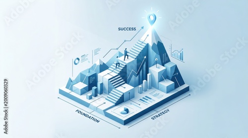 Isometric business mountain with people climbing stairs, data charts, graphs, and strategic planning on a light blue background