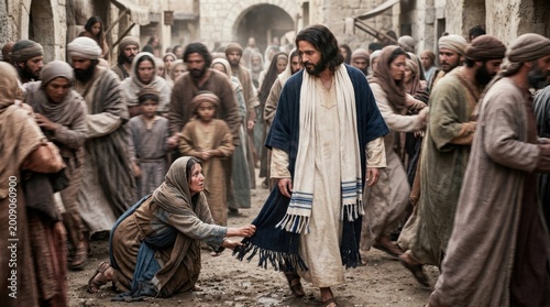 Woman reaching out to touch the hem of jesus garment in a crowded street