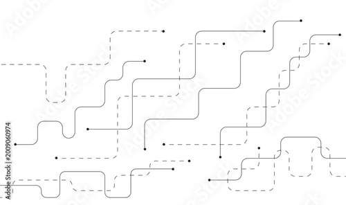 Abstract Tech Circuit Maze with Dashed Lines and Nodes, Modern Digital Pathway Seamless Pattern, Monochrome Vector Background 