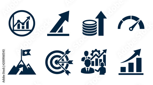 Set of business growth icons depicting graphs, arrows, and targets representing success and strategy