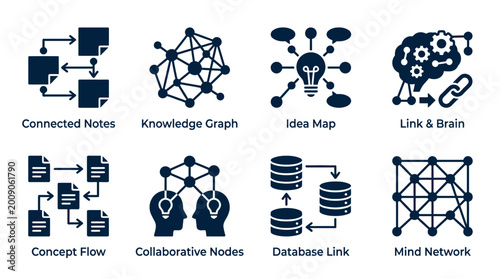 Set of eight flat vector icons representing data connection and information network concepts.
