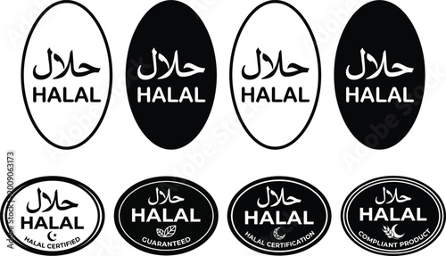 Foto Halal certification stamps and seals variety of designs for islamic dietary comp