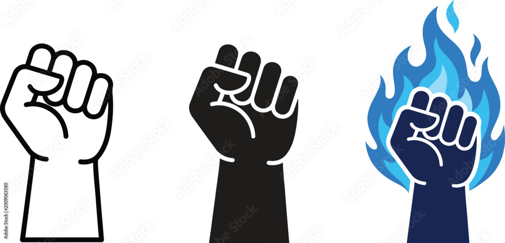 Obraz premium Three variations of a raised fist symbol representing strength and solidarity