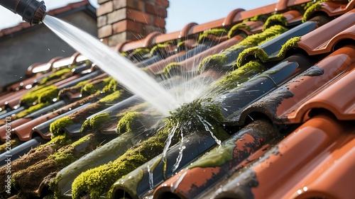 Close up of high pressure roof cleaning removing green algae and moss from aged orange terracotta clay tiles