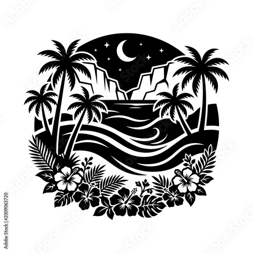 Canvastavla Tropical island night scene palm silhouette