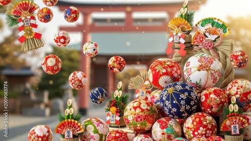  Traditional Japanese temari balls and kadomatsu decorations arranged outdoors near a torii gate. Festive cultural celebration concept with colorful flying ornamental spheres.