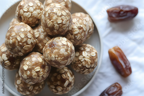 Pile of healthy oat and date energy balls with whole dates on the side.