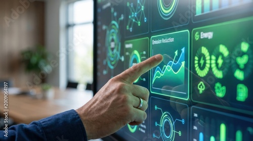 ESG carbon footprint analytics dashboard with emission reduction data and energy performance indicators on interactive digital interface