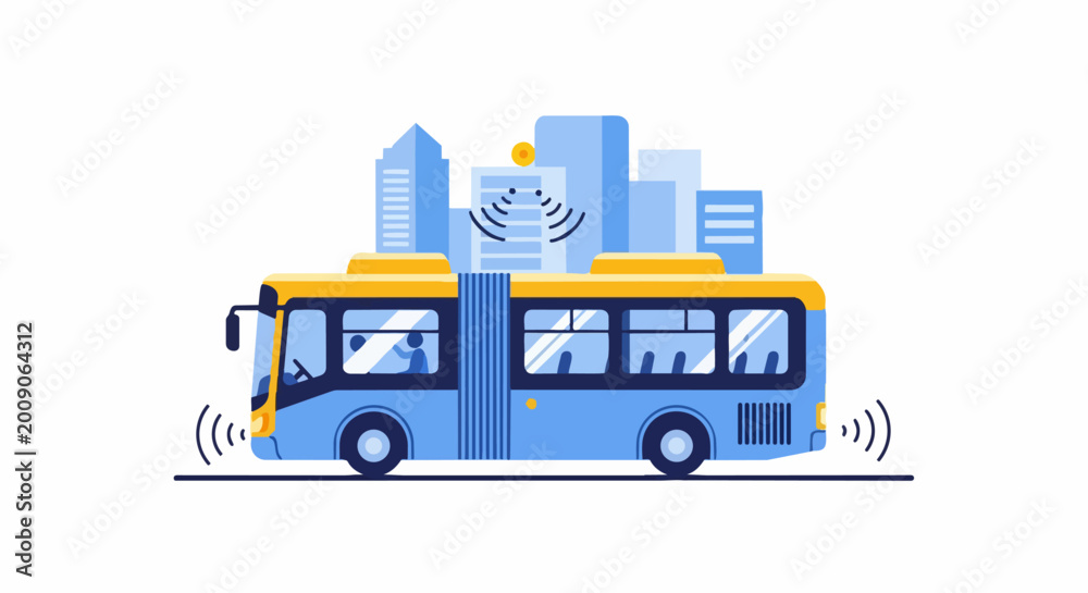 Naklejka premium Autonomous Electric Smart Bus Illustration in Connected City with Wireless IoT Sensors and Urban Skyline Background