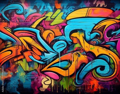 a vibrant graffiti wall backdrop with colorful tags and designs