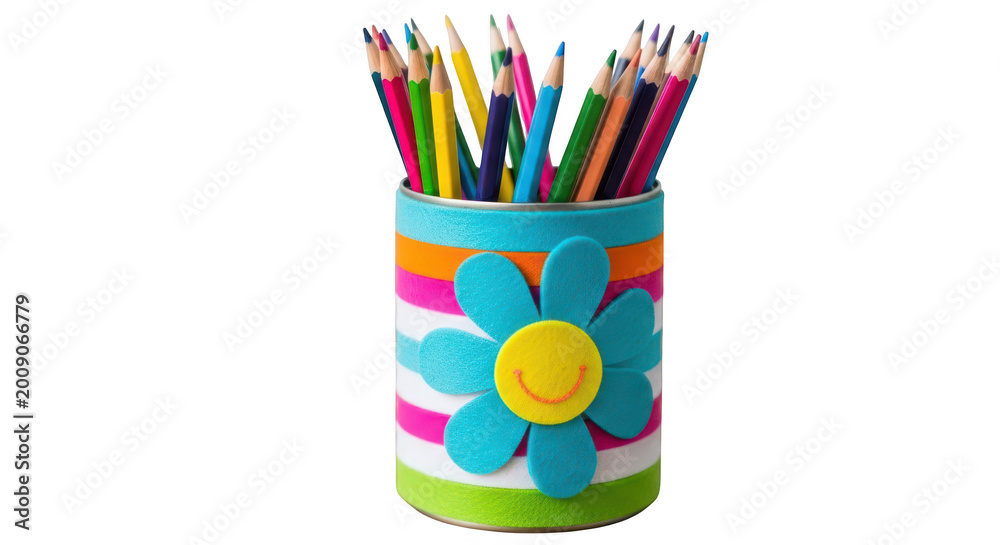 Fototapeta premium Colorful pencil holder with flower design and colored pencils isolated on transparent background