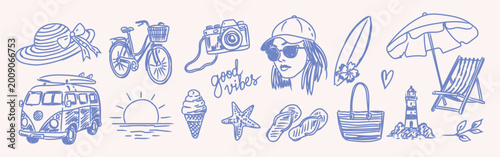 Summer vacation. Hand drawn blue line art on a light background. Retro van, bicycle, camera,  hat, ice cream, starfish, flip-flops, lighthouse, and deck chair. Vacation and leisure concept.