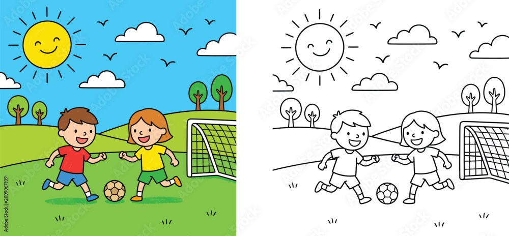 Obraz premium Kids Playing Soccer Illustration and Coloring Book Page Set, Boy and Girl Playing Football Outdoors with Goalpost and Ball, Children's Sports Hobby and Educational Activity Vector Graphic