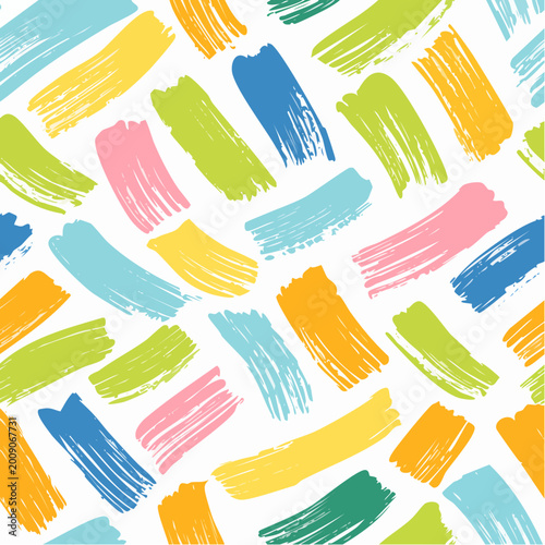 Colorful abstract brush stroke painting seamless pattern illustration. Modern paint line background in fun summer color. Messy ink sketch wallpaper print, freehand rough hand drawn texture.