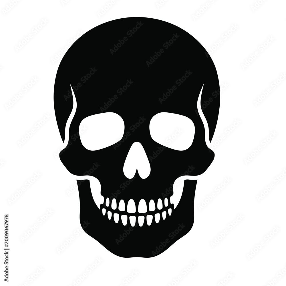 Obraz premium Human Skull Front View Silhouette – Bold Black Flat Design on White Background