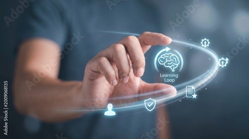 AI-native business - A human hand guides a glowing feedback loop around an AI agent labeled “Learning Loop”, illustrating continuous AI improvement and learning.