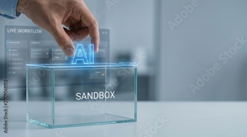 AI-native business - A hand places an AI icon into a sandbox, representing safe testing and controlled development in a secure, isolated environment.