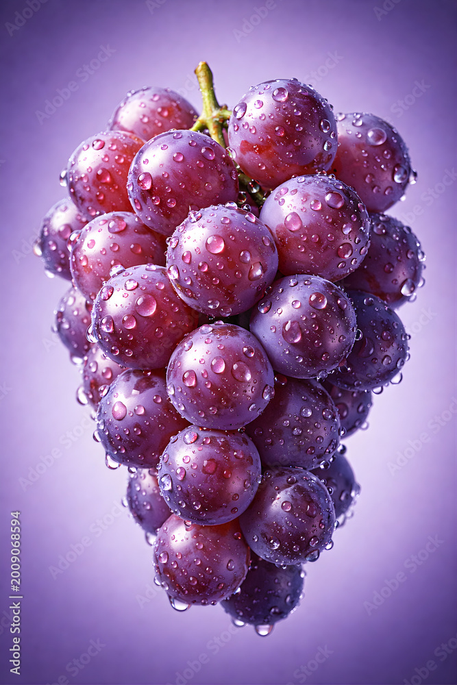 Fototapeta premium Bunch of Red Grapes with Dew Drops on Purple Background