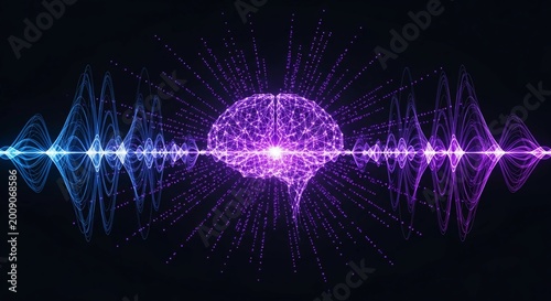 Artificial intelligence digital brain with glowing neural network, futuristic human mind with frequency sound waves, purple and blue data visualization